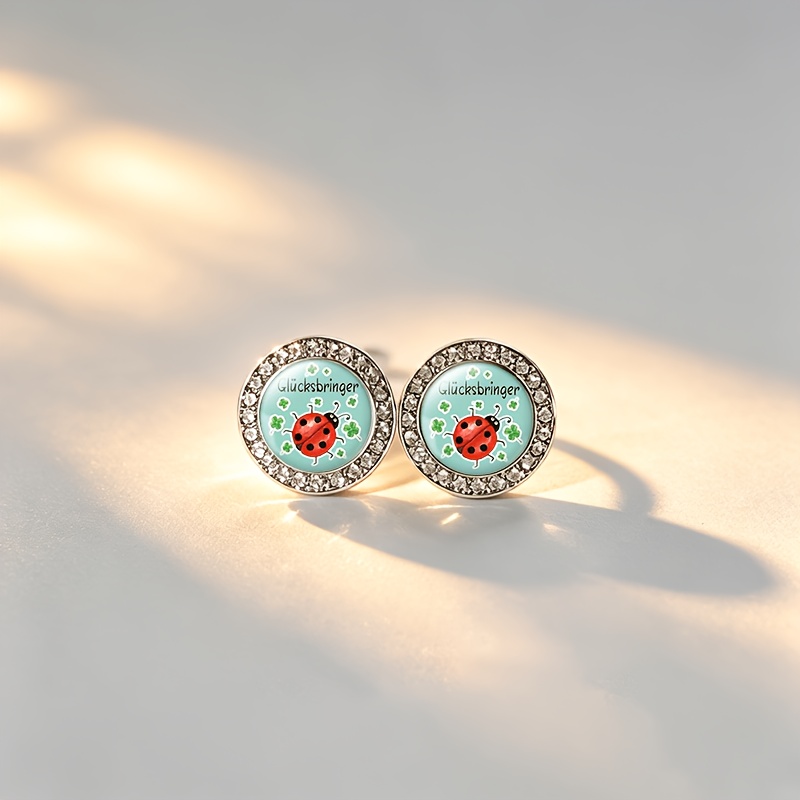 2pcs Classic Stud Earrings, Clover & Ladybug Design